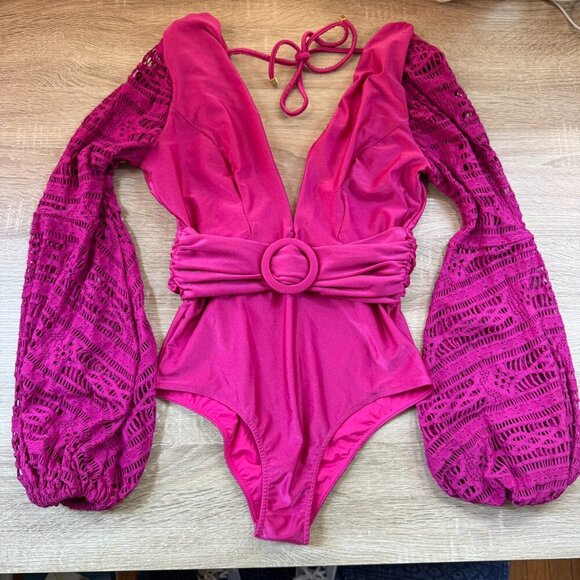 New PatBo Crochet Long Sleeve Plunge One Piece Swimsuit Swim V Neck Pink Magenta - Picture 11 of 15